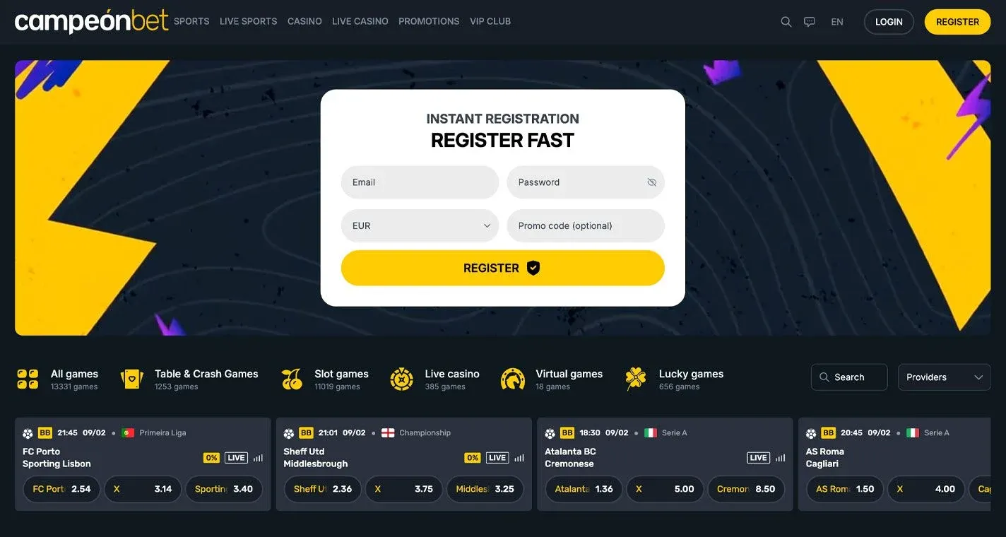 Campeonbet Casino - skärmdump av casinots hemsida