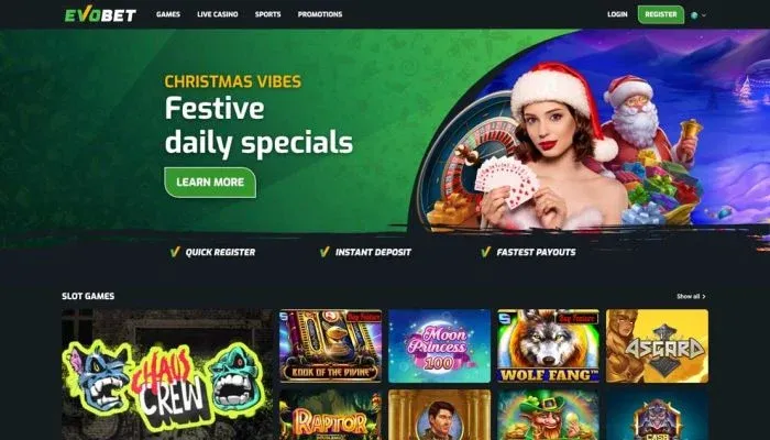 Evobet Casino - skärmdump av casinots hemsida