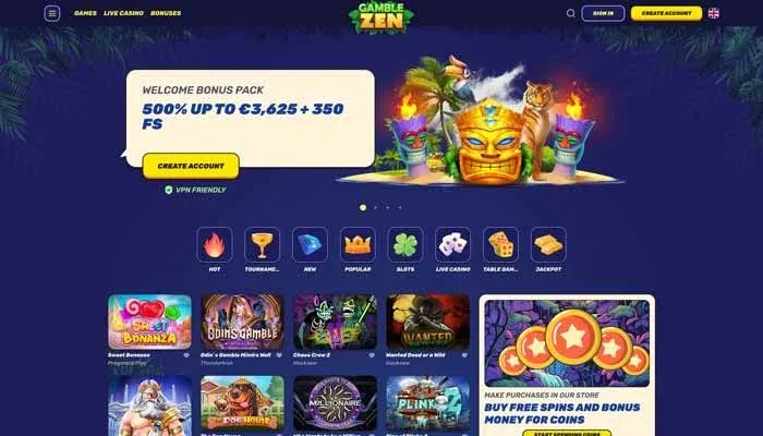 Gamblezen Casino - skärmdump av casinots hemsida