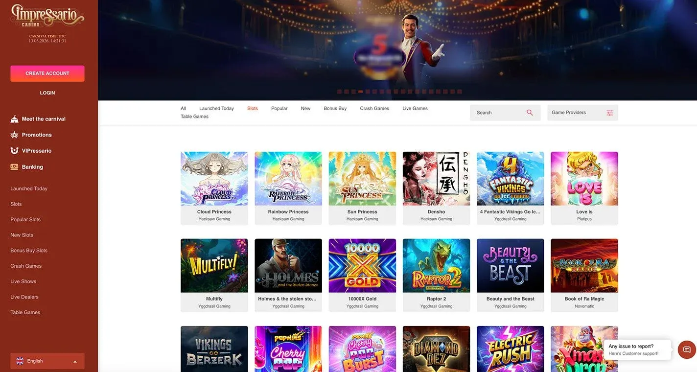 Impressario Casino - skärmdump av casinots hemsida