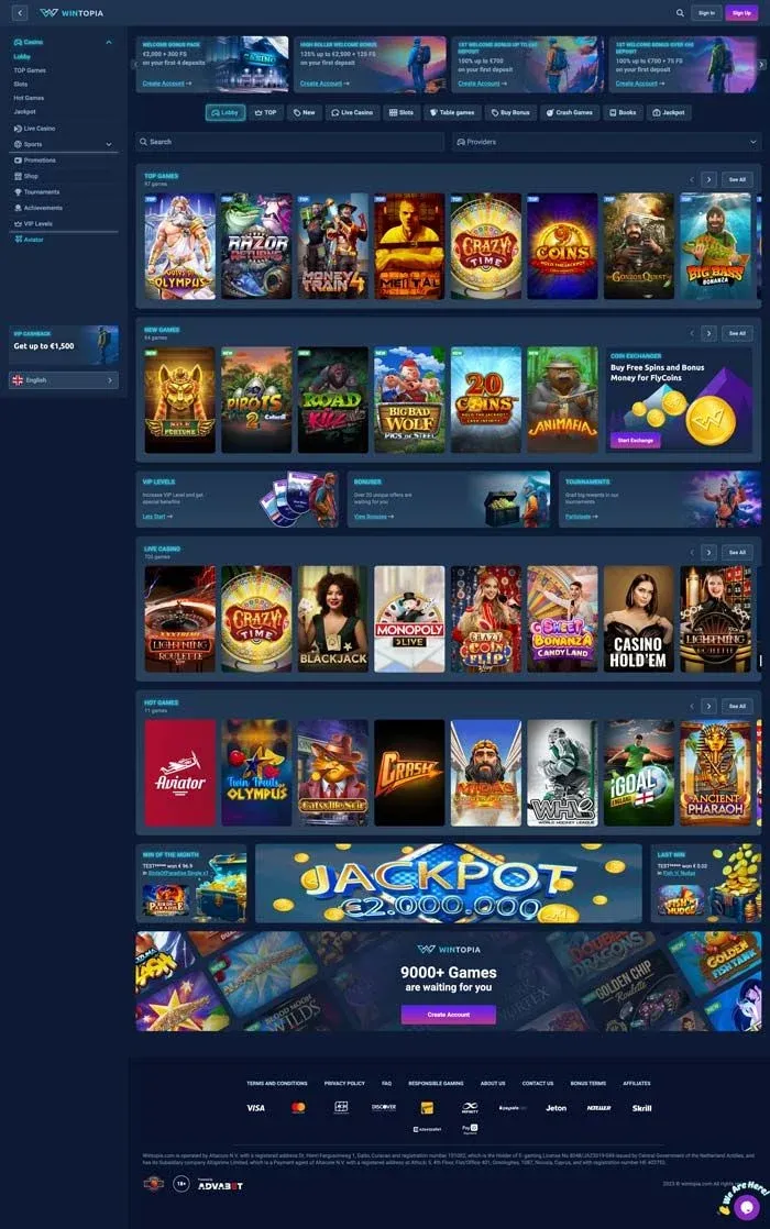 Wintopia Casino - skärmdump av casinots hemsida